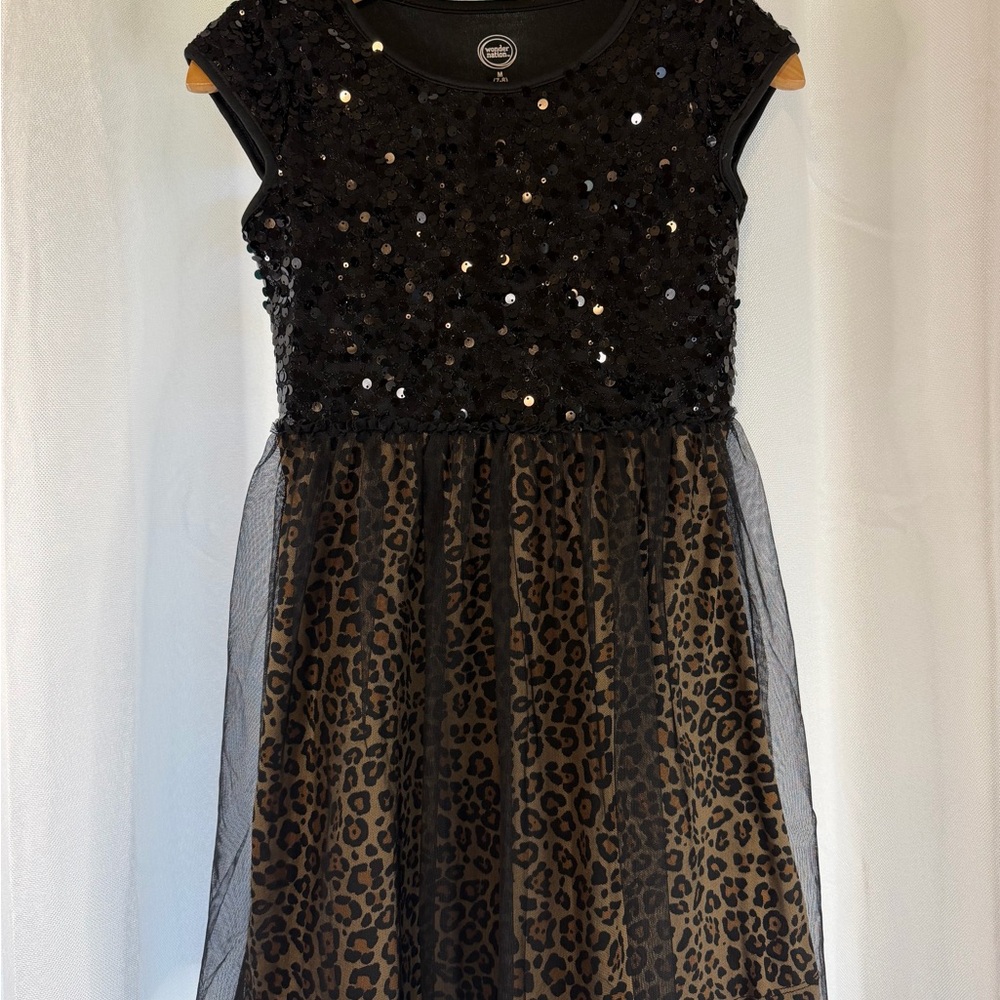 Girls Black Sequin Top Leopard Tulle Party Dress (7/8)